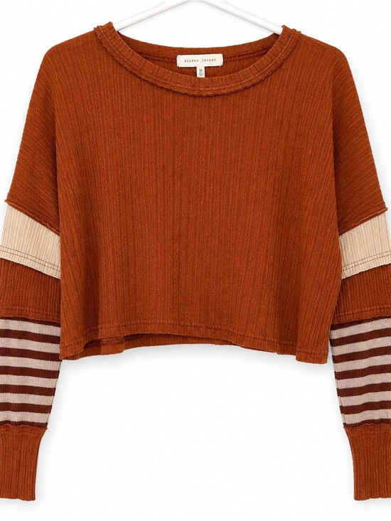 Gilded Intent Tops - Buckle Rust Ribbed Crop Top Striped Sleeve Boho Women’s Medium